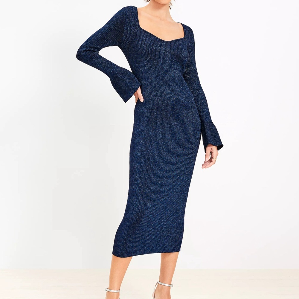 Loft Shimmer Ribbed Trumpet Sleeve Midi Sweater Dress